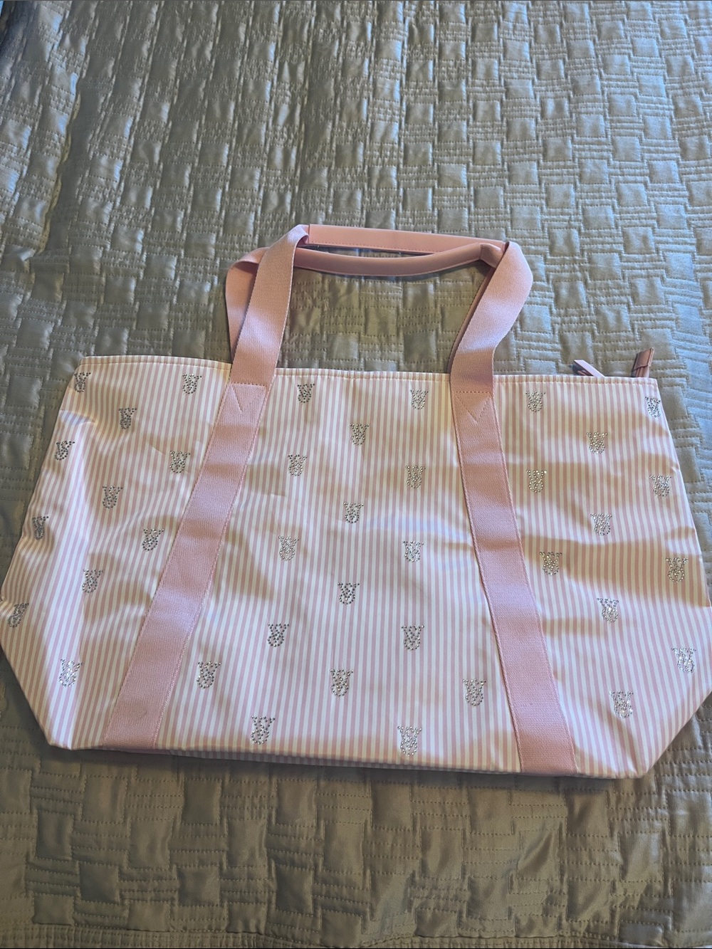 Victoria's Secret Pink Striped Tote with Rhinestone VS Accents - Picture 2 of 11